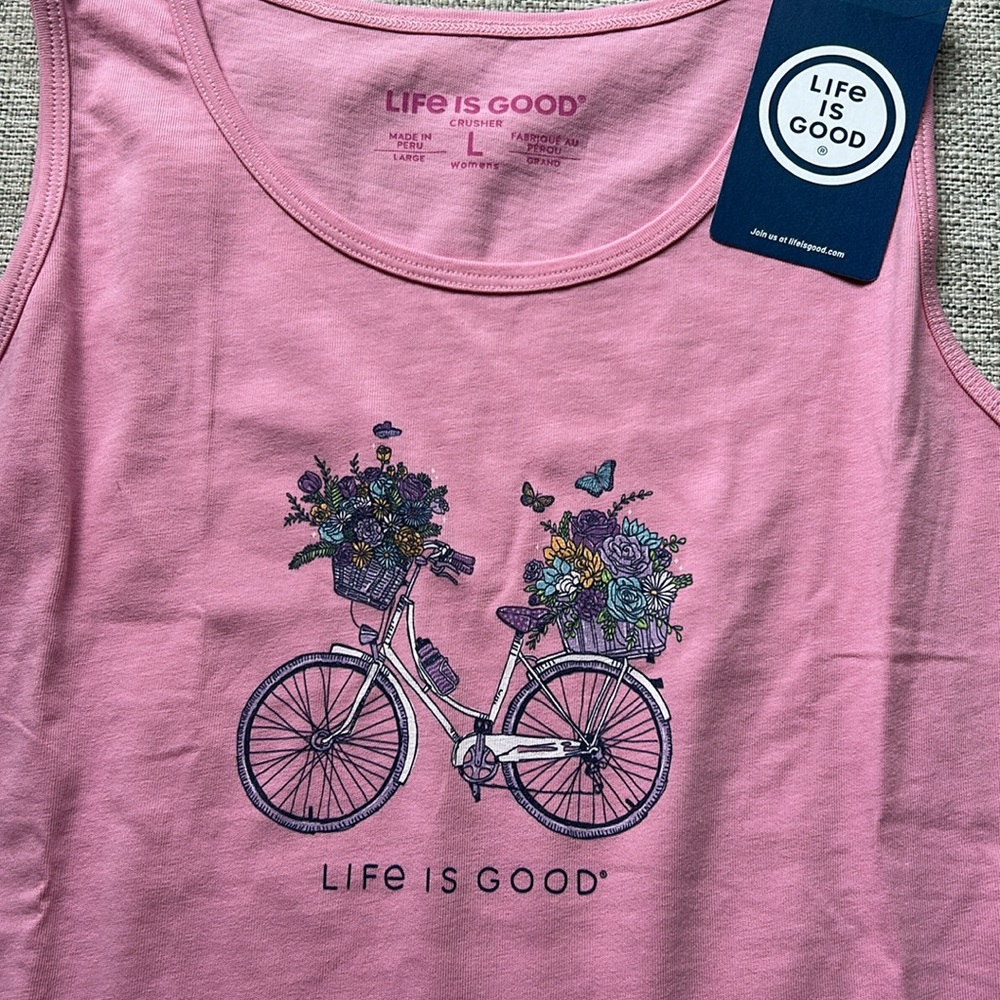 Life Is Good Pink Sleeveless Top with Bicycle Design Basket Crusher Large NWT